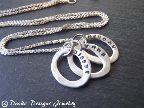 Sterling silver mom necklace with Kids'names custom hand stamped mother's jewelry - Drake Designs Jewelry