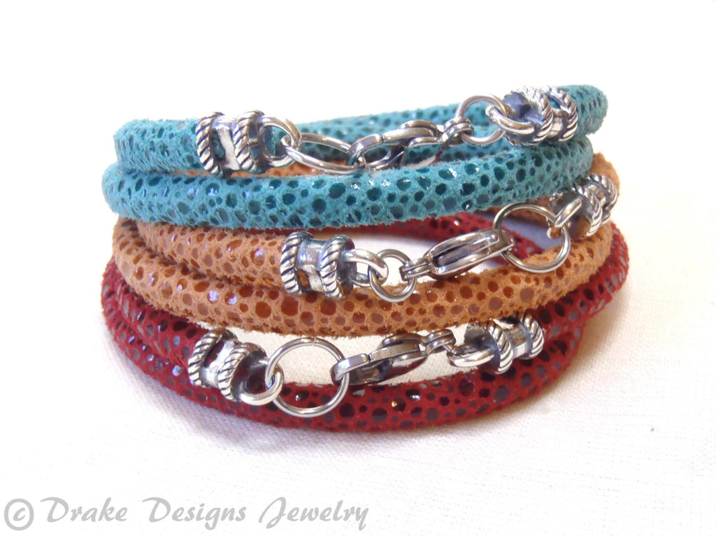 turquoise, red or orange Leather wrap bohemian Bracelet - Drake Designs Jewelry
