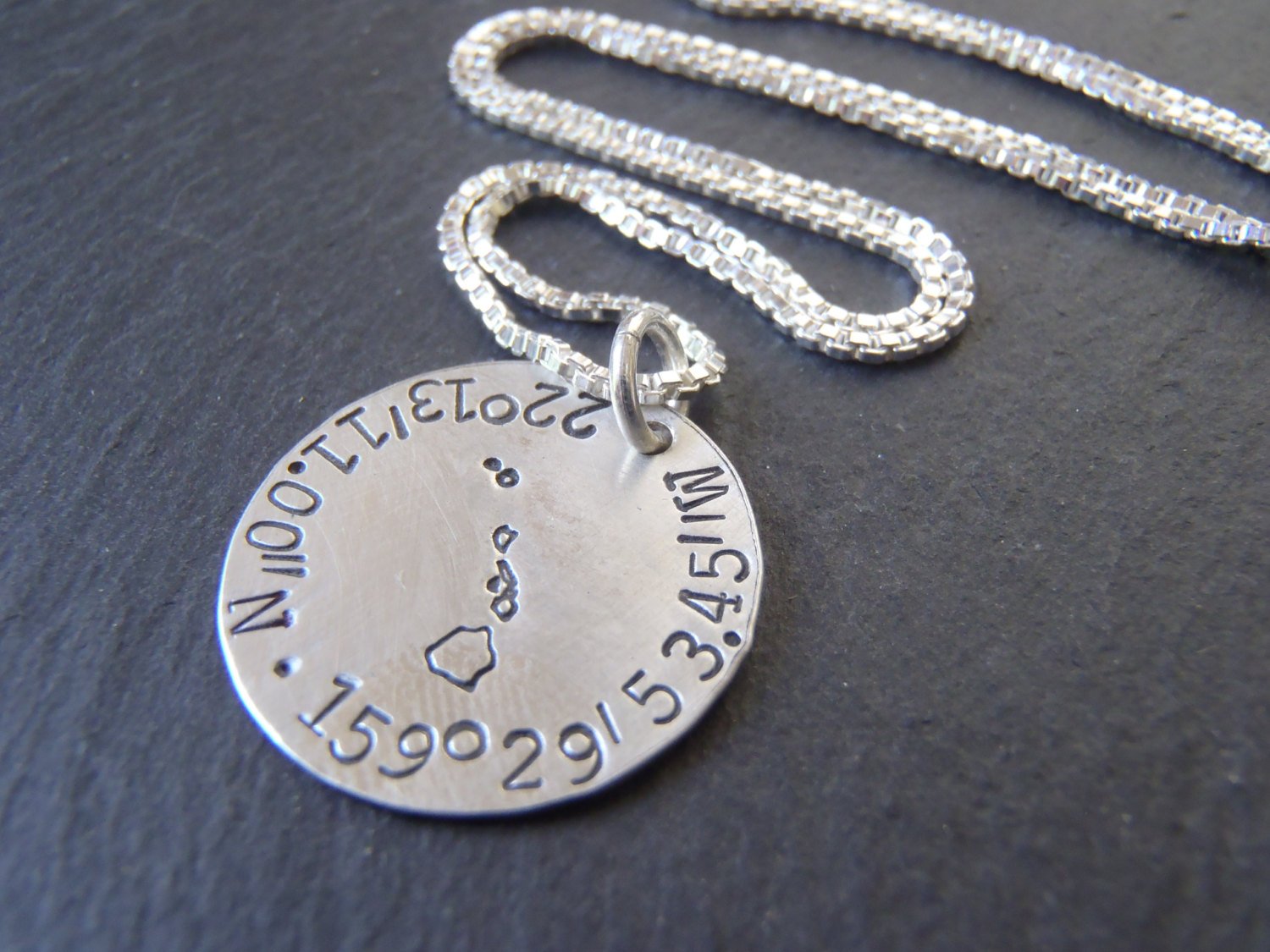 Sterling silver personalized necklace with custom Coordinates and custom state hand stamped at center - Drake Designs Jewelry