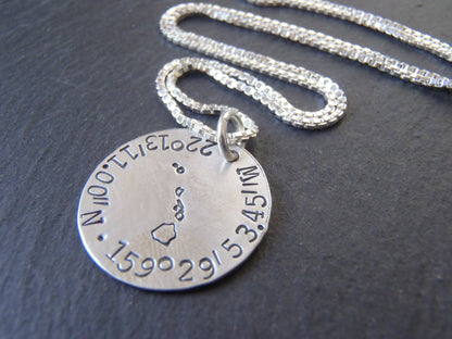 Sterling silver personalized necklace with custom Coordinates and custom state hand stamped at center - Drake Designs Jewelry