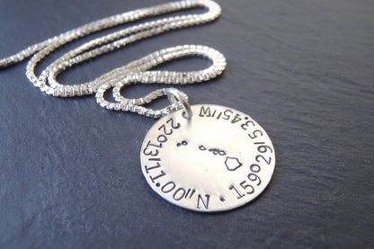 Sterling silver personalized necklace with custom Coordinates and state -gift for travelers - Drake Designs Jewelry