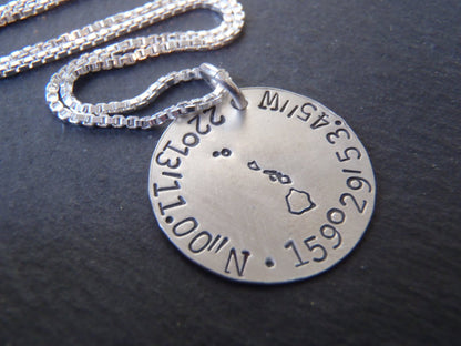 Sterling silver personalized necklace with custom Coordinates and custom state hand stamped at center - Drake Designs Jewelry
