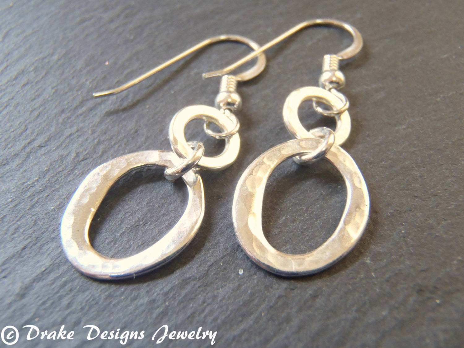 Sterling silver Small hammered hoop earrings dangle drop - Drake Designs Jewelry