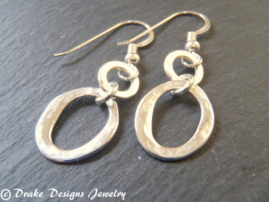 Sterling silver Small hammered hoop earrings dangle drop - Drake Designs Jewelry