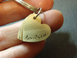 Personalized mom keychain with kids names or couples names on golden brass heart charms - Drake Designs Jewelry
