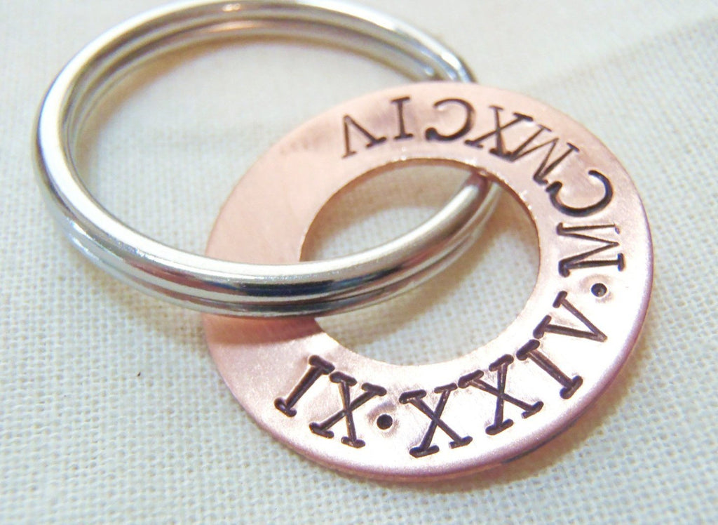 Roman Numeral keychain - 7th Anniversary traditional copper personalized gift - Drake Designs Jewelry