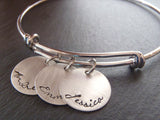 Mother's bracelet with children's name charms in script font on an adjustable bangle bracelet - Drake Designs Jewelry