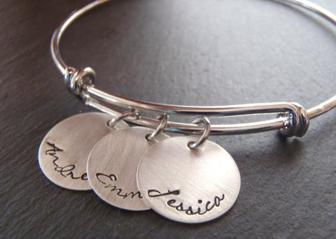 Personalized mom bracelet - silver adjustable bangle bracelet - Drake Designs Jewelry