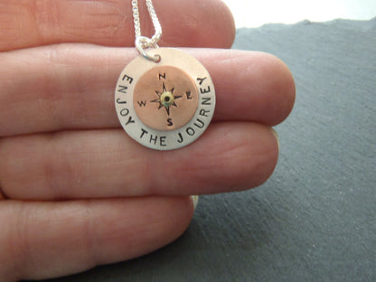 sterling silver enjoy the journey compass necklace inspirational jewelry - Drake Designs Jewelry