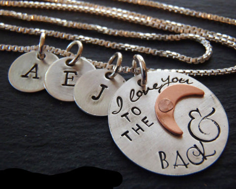 Family love- I love to the moon and back - Personalized sterling silver rustic mother's necklace with kid's initials - Drake Designs Jewelry