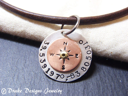 Personalized compass leather necklace with Latitude longitude custom coordinates - Drake Designs Jewelry