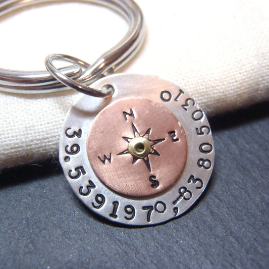Custom hand stamped compass coordinate keychain personalized in sterling silver and copper - Drake Designs Jewelry