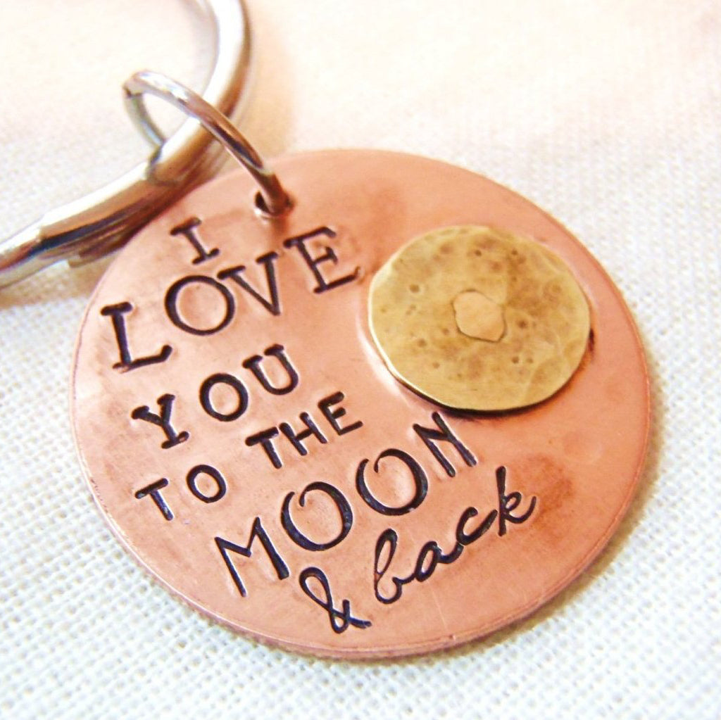 I love you to the moon and back keychain riveted and hand crafted solid copper and gold brass- Drake Designs Jewelry