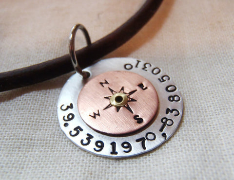 Personalized compass leather necklace with Latitude longitude custom coordinates - Drake Designs Jewelry