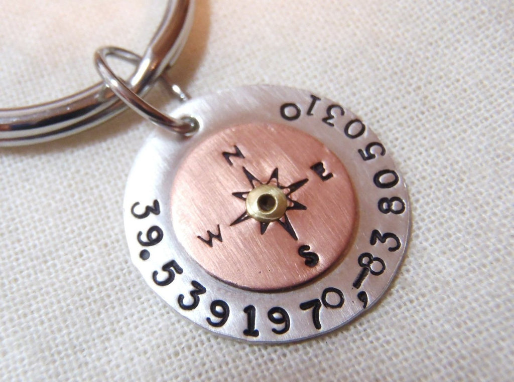 GPS coordinate keychain personalized in sterling silver and copper - Drake Designs Jewelry