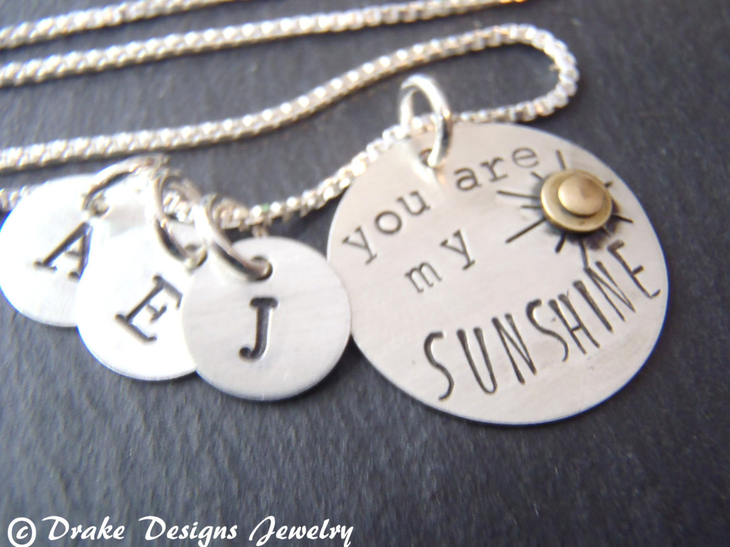 sunshine necklace personalize mommy necklace with kid's initials sterling silver mixed metal - Drake Designs Jewelry