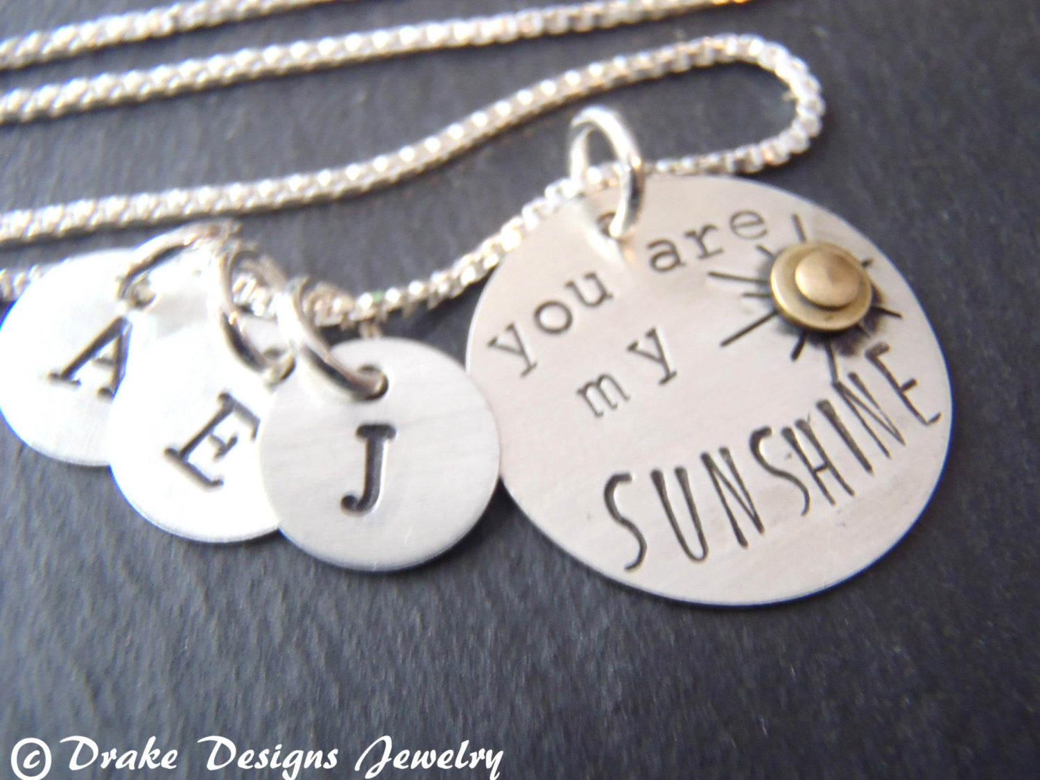 sunshine necklace personalize mommy necklace with kid's initials sterling silver mixed metal - Drake Designs Jewelry