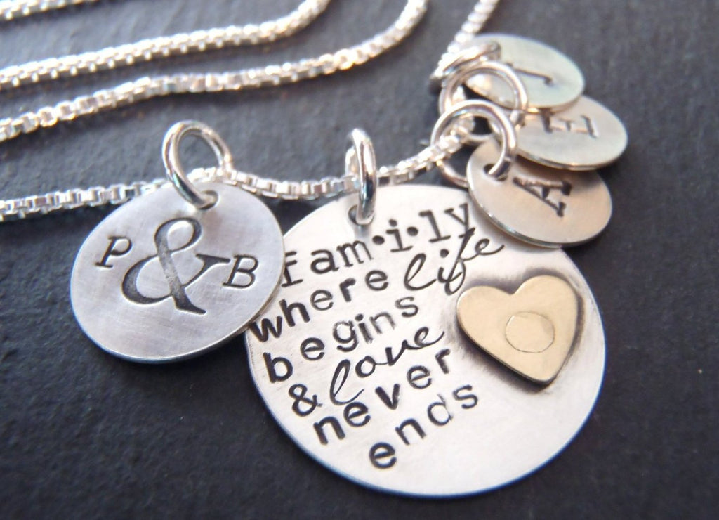Personalized family necklace for mom with kid's initials -sterling silver mixed metal - Drake Designs Jewelry