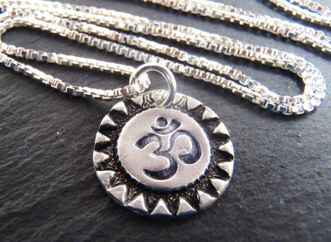 Recycled silver Om necklace rustic artisan sunburst jewelry - Drake Designs Jewelry