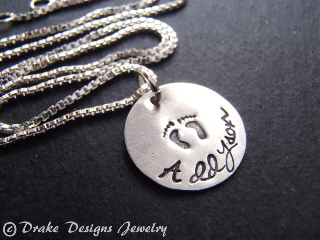 Sterling silver new mom necklace with personalized name push present baby footprints - Drake Designs Jewelry