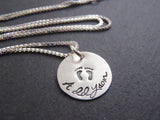 Sterling silver new mom necklace with personalized name push present baby footprints - Drake Designs Jewelry