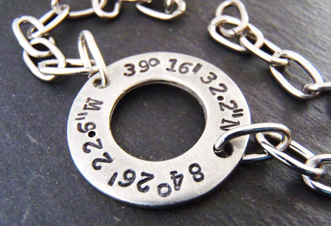 GPS personalized coordinates on an open circle bracelet - Drake Designs Jewelry