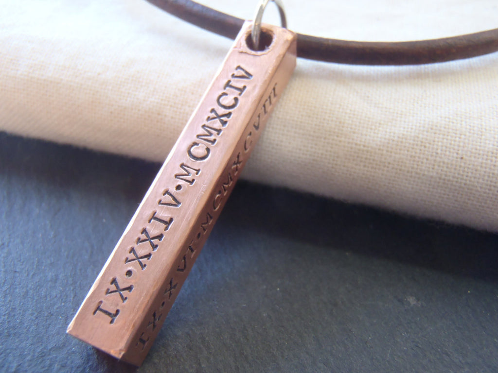 Leather and copper Personalized men's Necklace with Roman Numerals - Drake Designs Jewelry