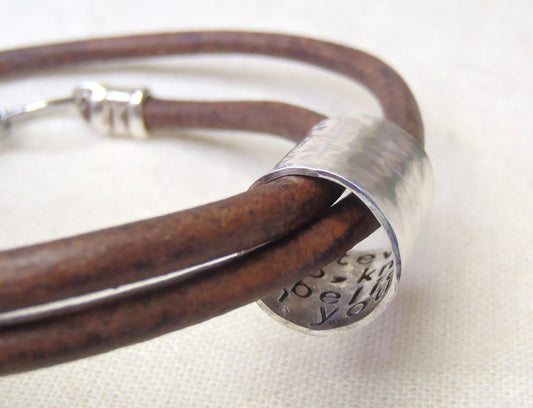 Personalized leather and sterling silver secret message bracelet - Custom hidden message custom bracelet for men- Drake Designs Jewelry