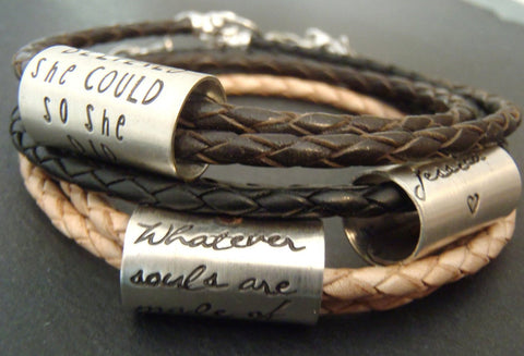 Hand crafted personalized leather bracelet customized with your own inspirational quote - Drake Designs Jewelry
