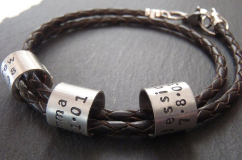 Men's braided leather bracelet for men or women with coordinates, names or custom message - Drake Designs Jewelry