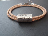 Hand crafted personalized leather bracelet customized with your own inspirational quote - Drake Designs Jewelry