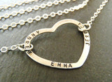 mother's necklace with children's names hand stamped on a sterling silver open heart - Drake Designs Jewelry