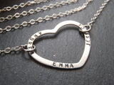 mother's necklace with children's names hand stamped on a sterling silver open heart - Drake Designs Jewelry