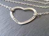 mother's necklace with children's names hand stamped on a sterling silver open heart - Drake Designs Jewelry