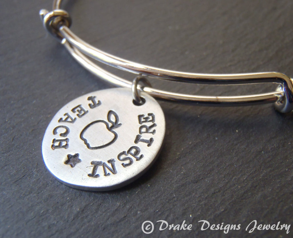 teacher bangle bracelet hand stamped jewelry gift for teacher - Drake Designs Jewelry