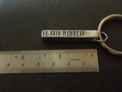 Roman Numeral 3D bar keychain personalized with hand stamped dates - Drake Designs Jewelry