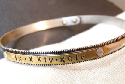 Sterling silver bangle bracelet with with Roman numerals or name in mixed metals - Drake Designs Jewelry