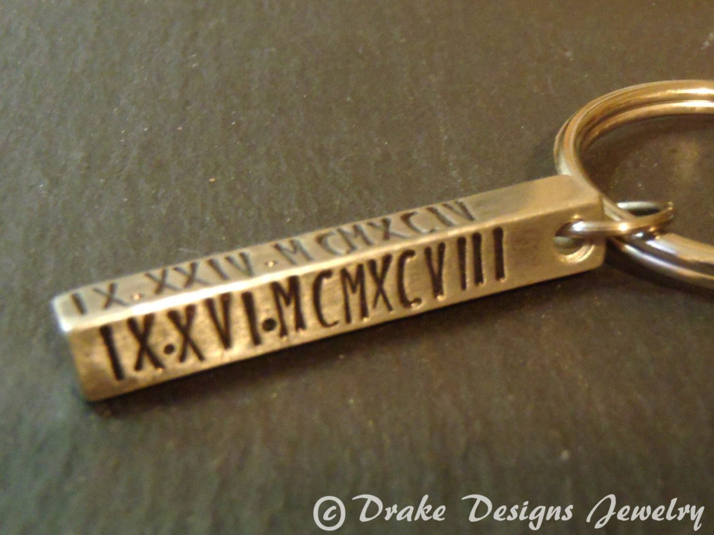 Roman Numeral 3D bar keychain personalized with hand stamped dates - Drake Designs Jewelry