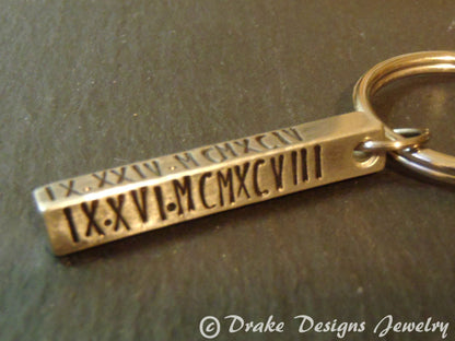 Roman Numeral 3D bar keychain personalized with hand stamped dates - Drake Designs Jewelry