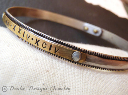 Sterling silver bangle bracelet with with Roman numerals or name in mixed metals - Drake Designs Jewelry