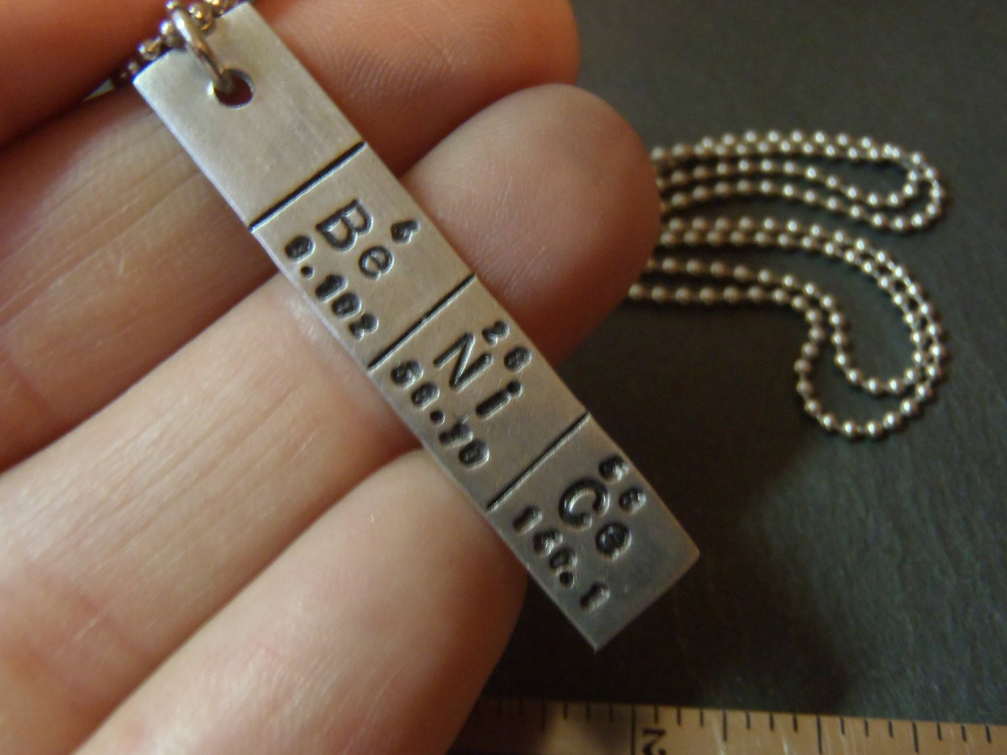 Be NiCe periodic table chemistry gift. hand stamped science necklace geekery gifts - Drake Designs Jewelry