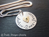 Mom necklace with kids names and golden heart - sterling silver mixed metal - Drake Designs Jewelry