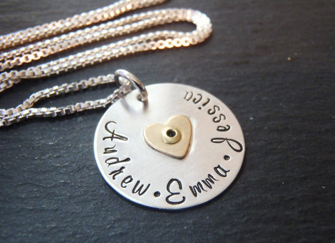 Mom necklace with kids names and golden heart - sterling silver mixed metal - Drake Designs Jewelry