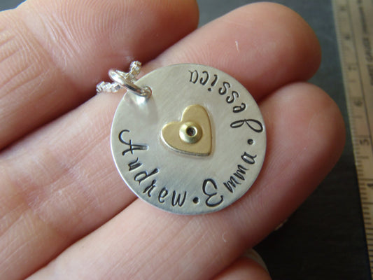 Mom necklace with kids names and golden heart - sterling silver mixed metal - Drake Designs Jewelry