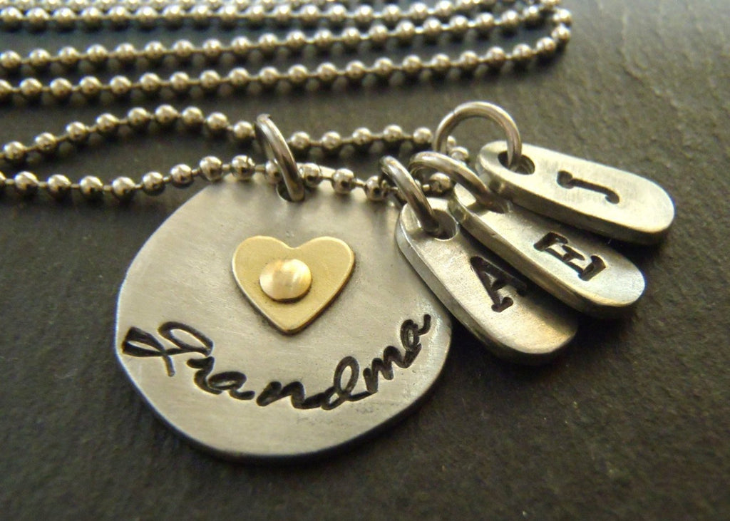 Personalized Mixed metal grandma necklace with golden brass heart and grandchildren's initials - Drake Designs Jewelry