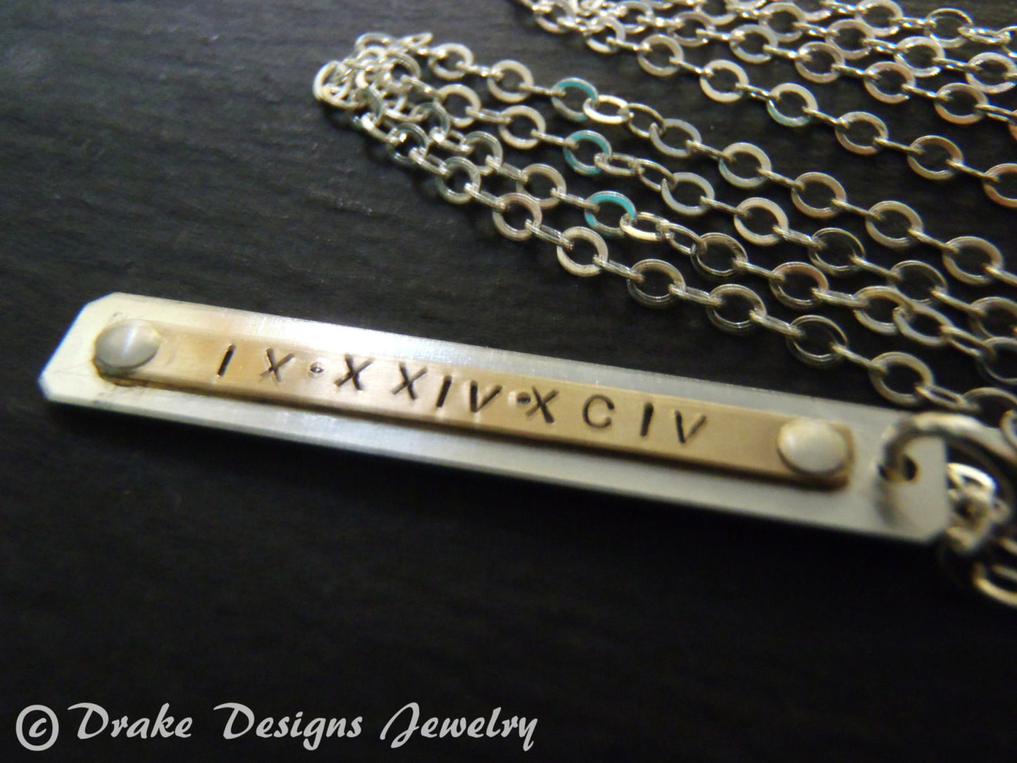 Roman numeral vertical bar necklace personalized mixed metal - Drake Designs Jewelry