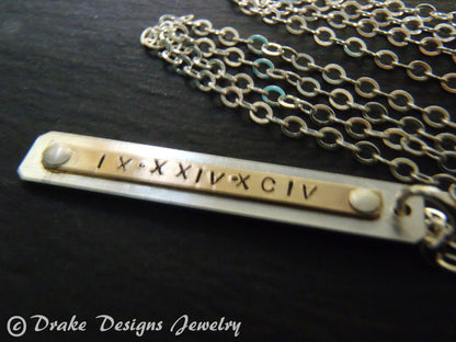 Roman numeral vertical bar necklace personalized mixed metal - Drake Designs Jewelry