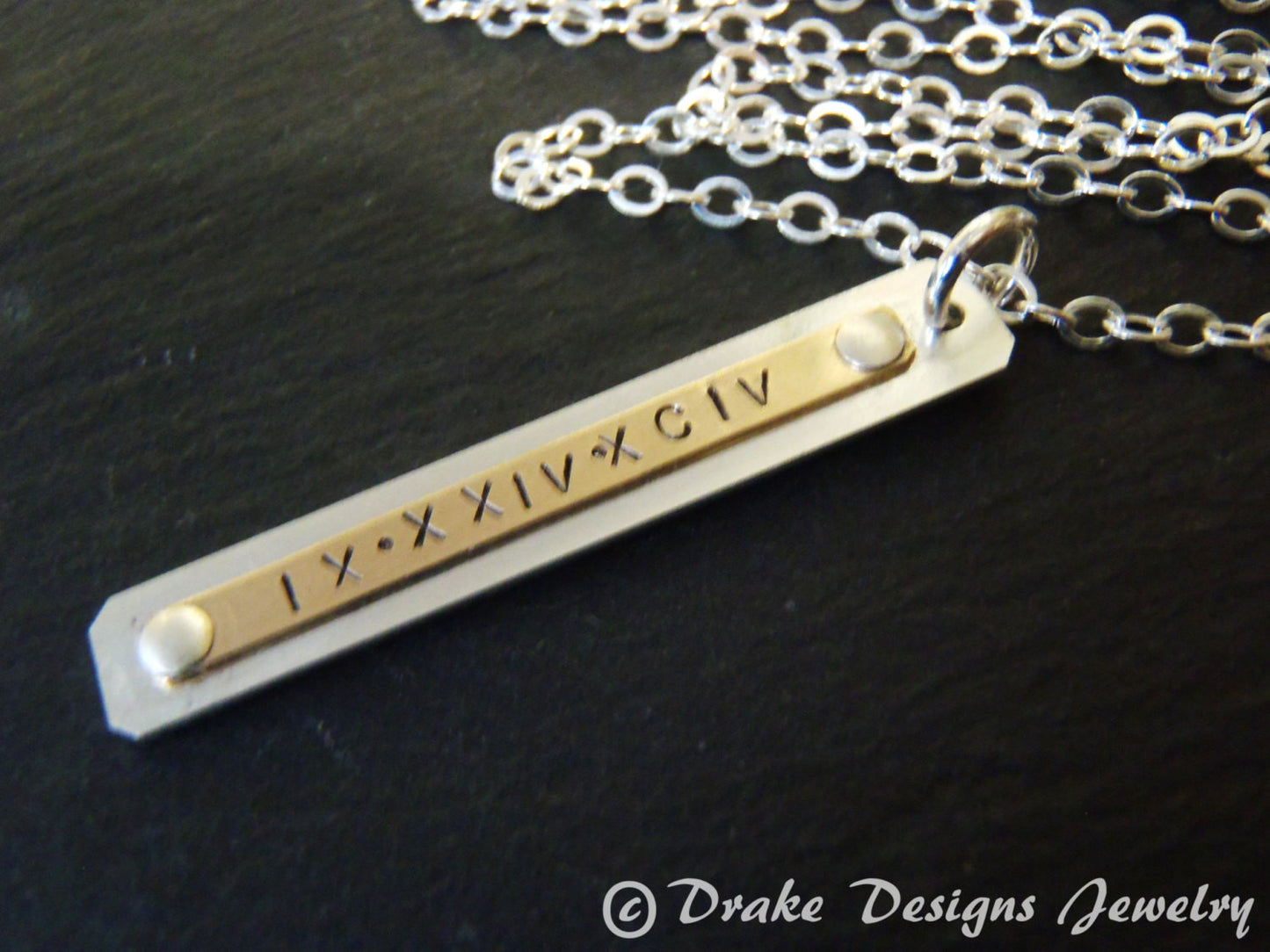 Roman numeral vertical bar necklace personalized mixed metal - Drake Designs Jewelry