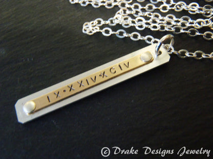 Roman numeral vertical bar necklace personalized mixed metal - Drake Designs Jewelry