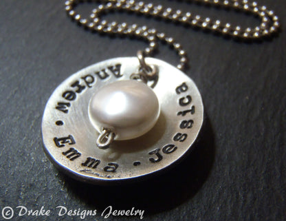 Rustic personalized mom necklace with kids names and pearl - hand stamped jewelry - Drake Designs Jewelry